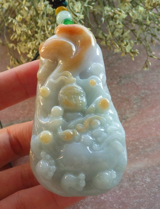 Certified Red Green Burma 100% Natural A Jade jadeite pendant Sun Wu Kong God Dragon Necklace 孙悟空 644464  TN