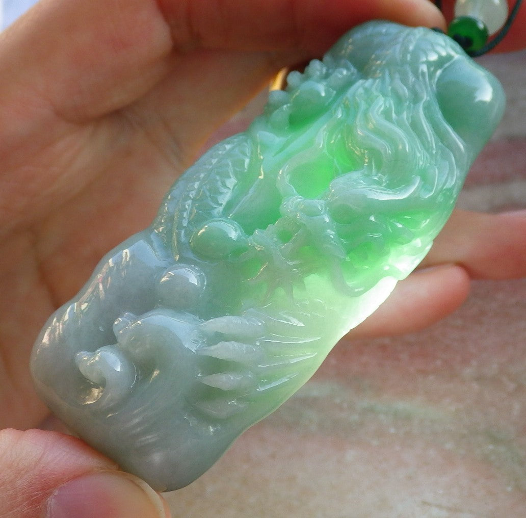 Certified Green Burma 100% Natural A Jade jadeite Pendant Dragon Bead Necklace 生意兴隆 644472  TN