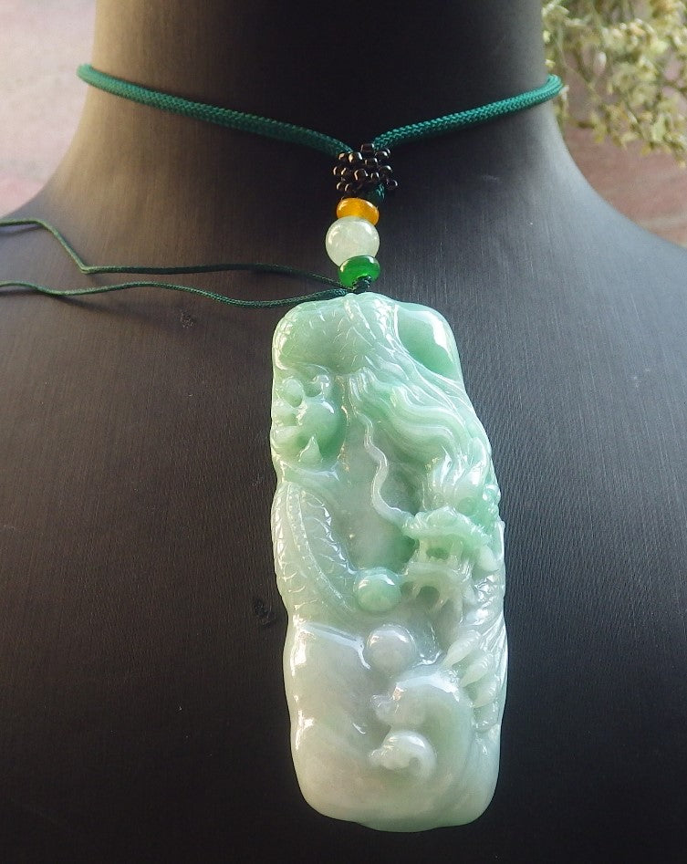 Certified Green Burma 100% Natural A Jade jadeite Pendant Dragon Bead Necklace 生意兴隆 644472  TN