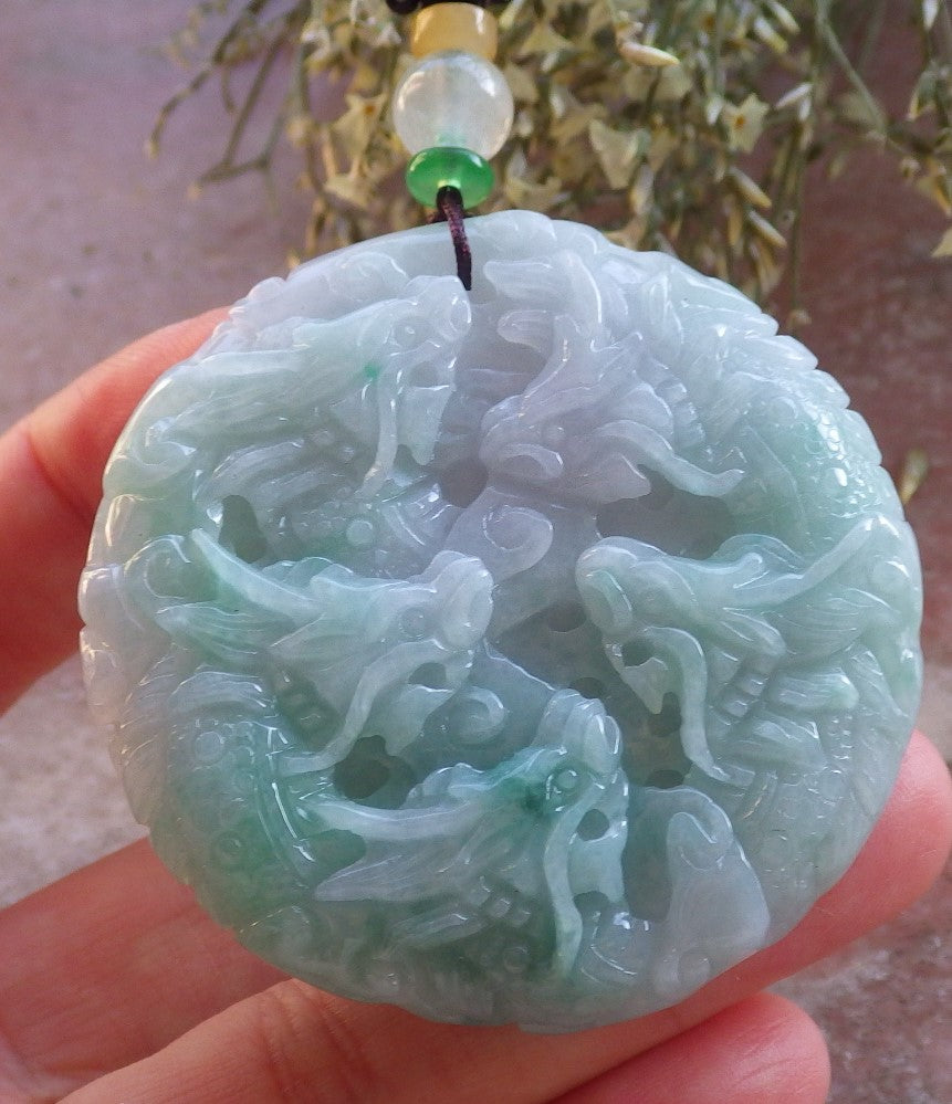 Certified Green Burma 100% Natural A Jade jadeite Pendant 9 Dragon Circle Necklace 九龙 644502  TN