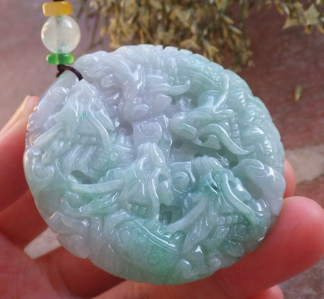 Certified Green Burma 100% Natural A Jade jadeite Pendant 9 Dragon Circle Necklace 九龙 644502  TN