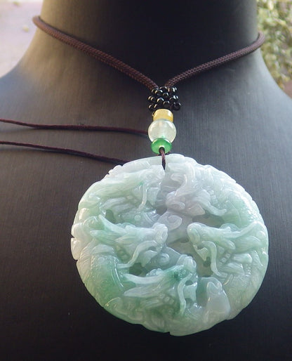 Certified Green Burma 100% Natural A Jade jadeite Pendant 9 Dragon Circle Necklace 九龙 644502  TN
