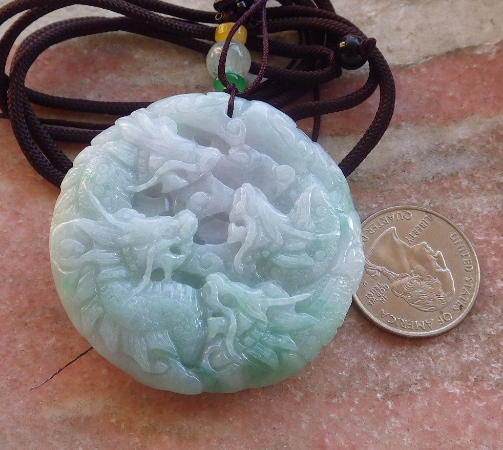 Certified Green Burma 100% Natural A Jade jadeite Pendant 9 Dragon Circle Necklace 九龙 644502  TN