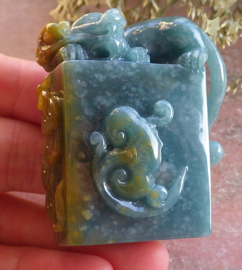 Certified Icy Yellow Green Burma 100% Natural A Jade jadeite Display Dragon Pi Xiu Bead Lotus Flower Ruyi Coin Chop Seal 印章 644520  TN