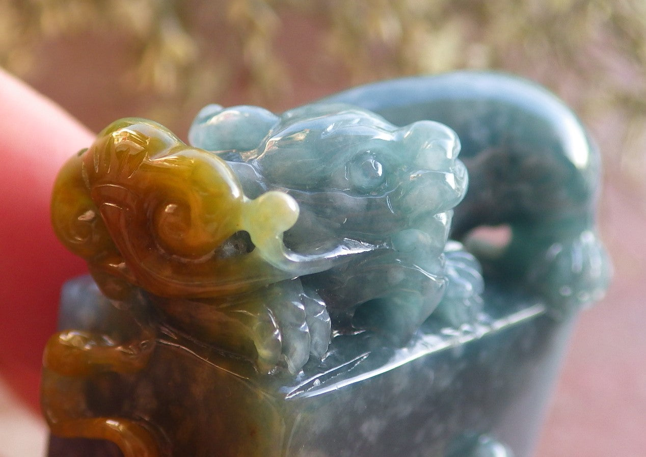 Certified Icy Yellow Green Burma 100% Natural A Jade jadeite Display Dragon Pi Xiu Bead Lotus Flower Ruyi Coin Chop Seal 印章 644520  TN