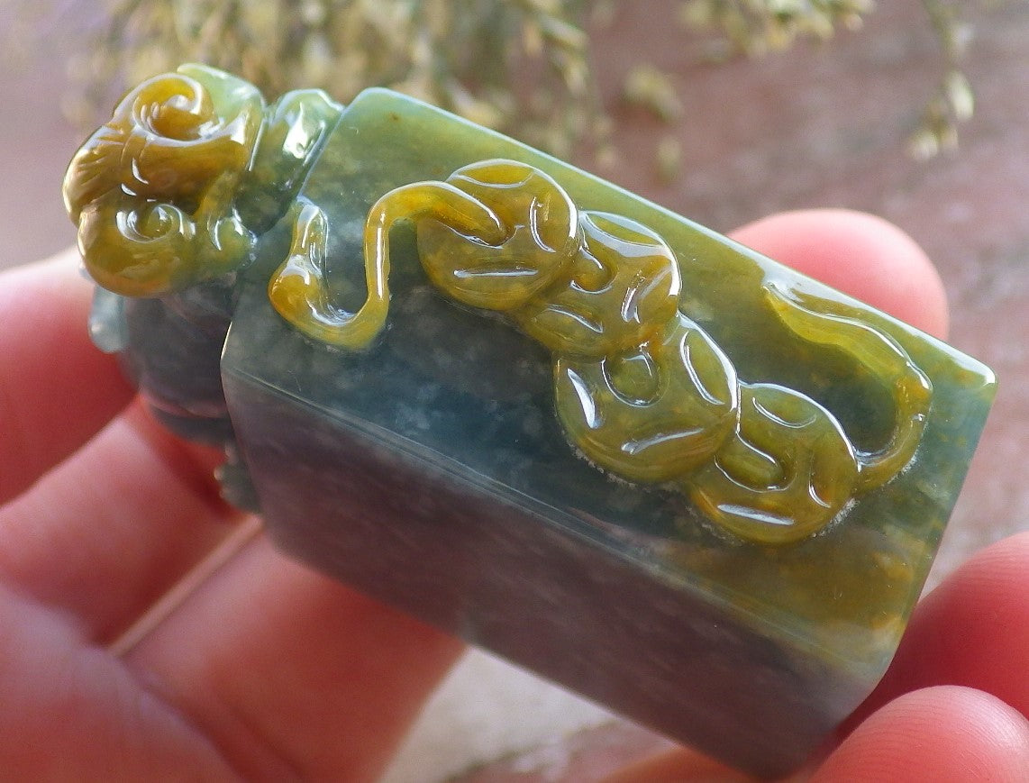 Certified Icy Yellow Green Burma 100% Natural A Jade jadeite Display Dragon Pi Xiu Bead Lotus Flower Ruyi Coin Chop Seal 印章 644520  TN