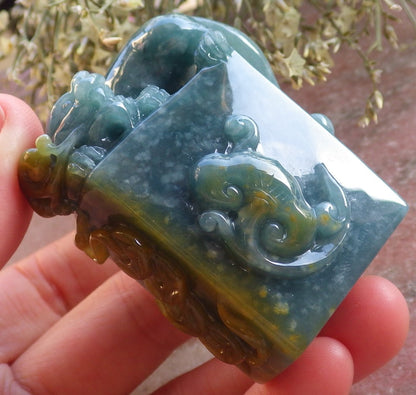 Certified Icy Yellow Green Burma 100% Natural A Jade jadeite Display Dragon Pi Xiu Bead Lotus Flower Ruyi Coin Chop Seal 印章 644520  TN