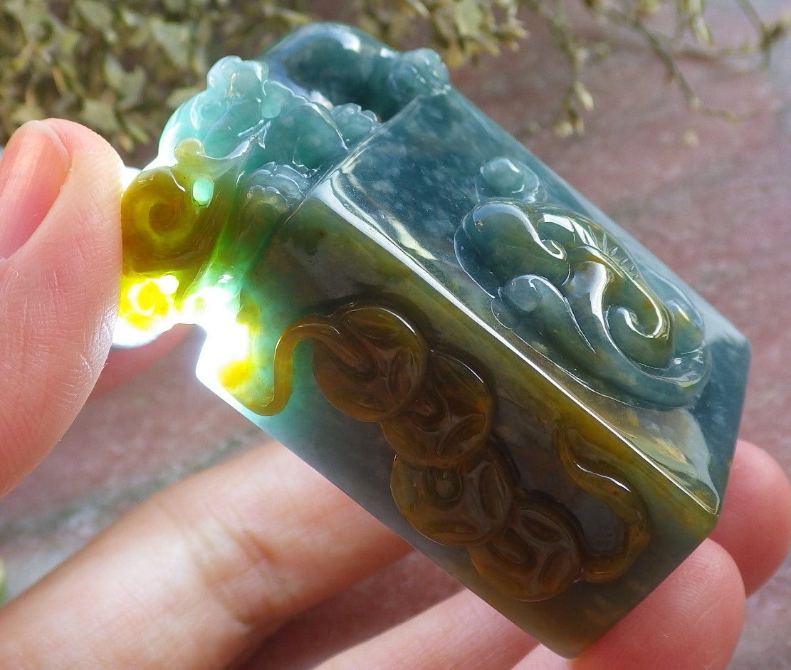 Certified Icy Yellow Green Burma 100% Natural A Jade jadeite Display Dragon Pi Xiu Bead Lotus Flower Ruyi Coin Chop Seal 印章 644520  TN