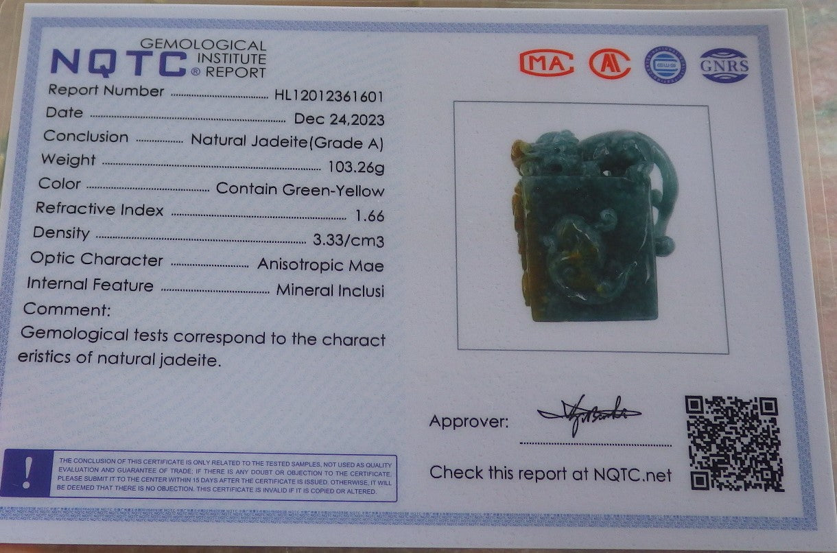 Certified Icy Yellow Green Burma 100% Natural A Jade jadeite Display Dragon Pi Xiu Bead Lotus Flower Ruyi Coin Chop Seal 印章 644520  TN