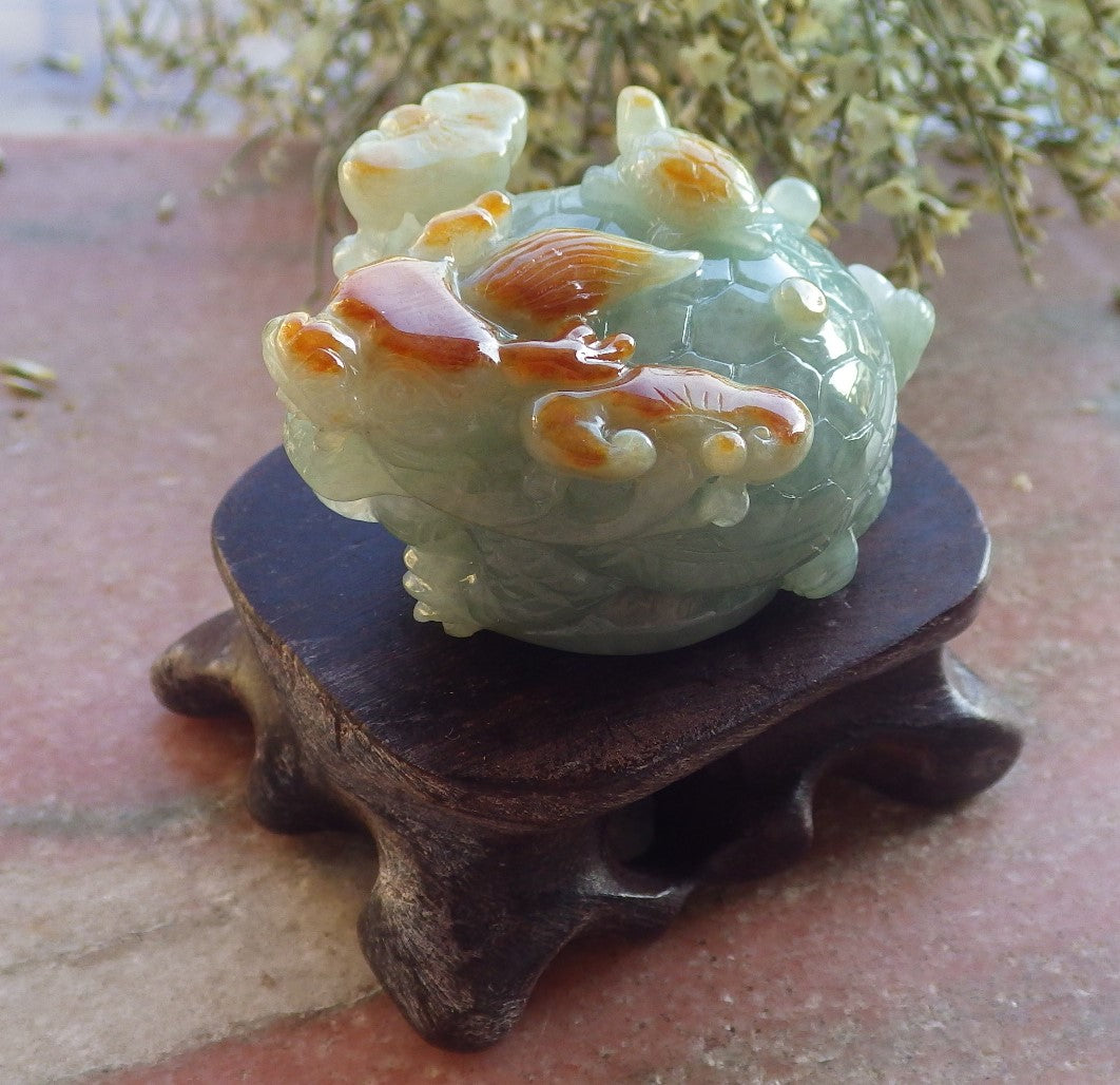Certified Red Green Burma 100% Natural A Jade jadeite Display Dragon Turtle Coin 龙龟 644530  TN