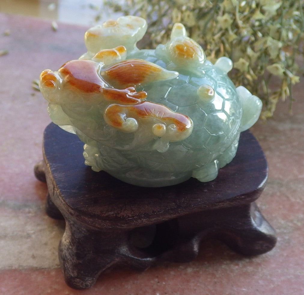 Certified Red Green Burma 100% Natural A Jade jadeite Display Dragon Turtle Coin 龙龟 644530  TN