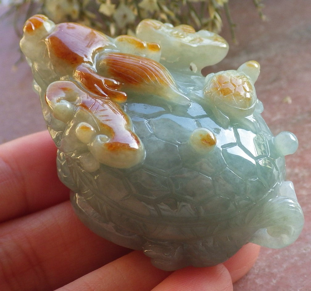 Certified Red Green Burma 100% Natural A Jade jadeite Display Dragon Turtle Coin 龙龟 644530  TN
