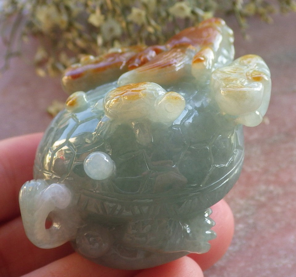 Certified Red Green Burma 100% Natural A Jade jadeite Display Dragon Turtle Coin 龙龟 644530  TN