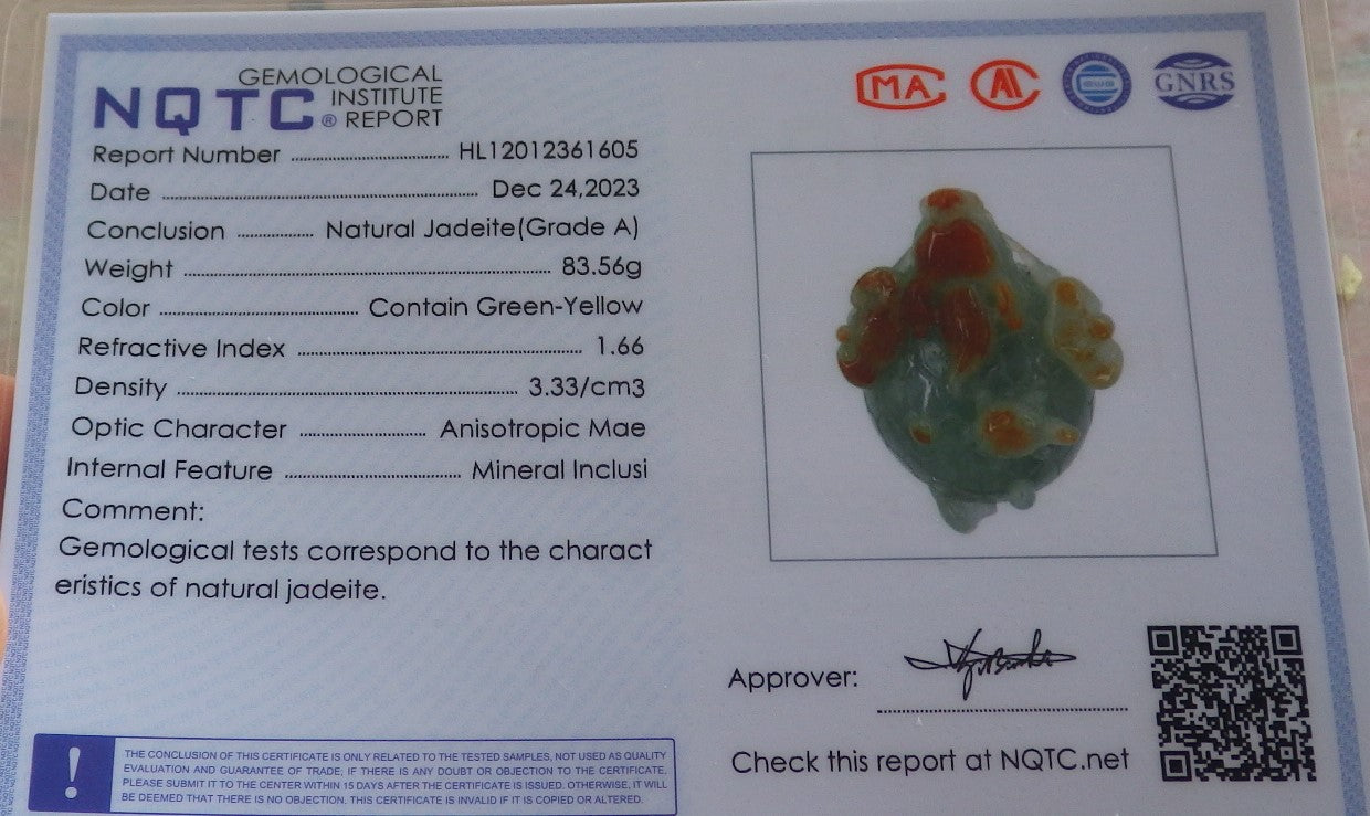 Certified Red Green Burma 100% Natural A Jade jadeite Display Dragon Turtle Coin 龙龟 644530  TN