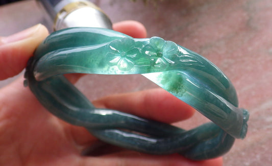 Certified Icy Green Burma 100% Natural A JADE Jadeite Flower Knotted Bangle Bracelet 64 mm 手镯 644616  TN
