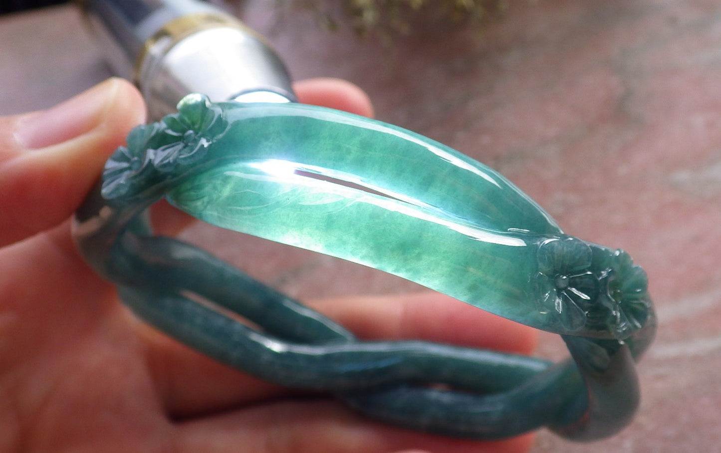 Certified Icy Green Burma 100% Natural A JADE Jadeite Flower Knotted Bangle Bracelet 64 mm 手镯 644616  TN