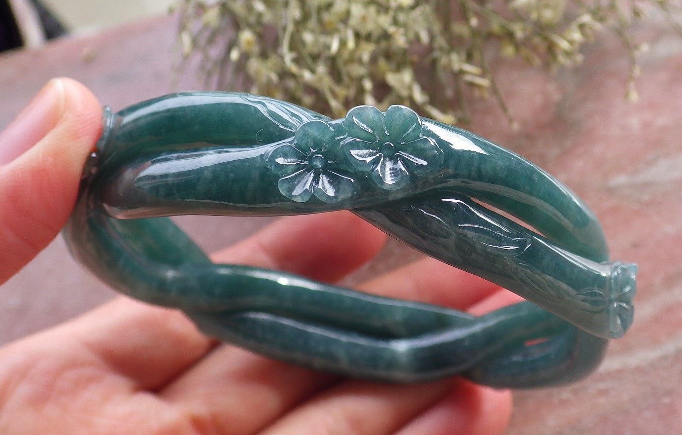 Certified Icy Green Burma 100% Natural A JADE Jadeite Flower Knotted Bangle Bracelet 64 mm 手镯 644616  TN