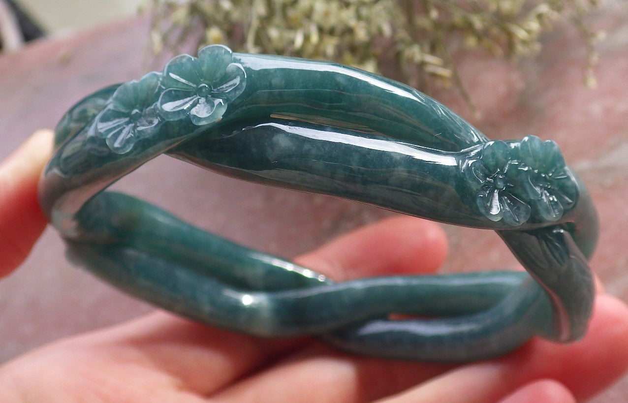 Certified Icy Green Burma 100% Natural A JADE Jadeite Flower Knotted Bangle Bracelet 64 mm 手镯 644616  TN