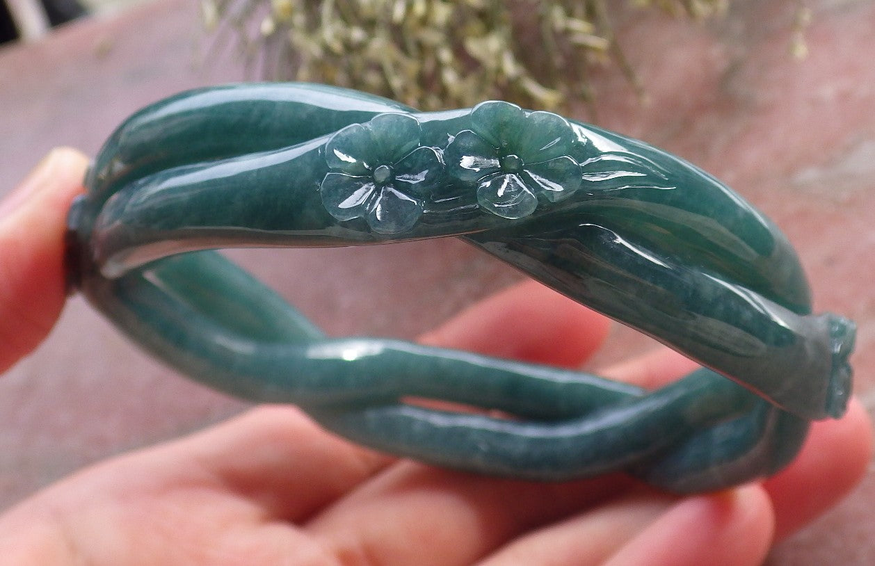 Certified Icy Green Burma 100% Natural A JADE Jadeite Flower Knotted Bangle Bracelet 64 mm 手镯 644616  TN