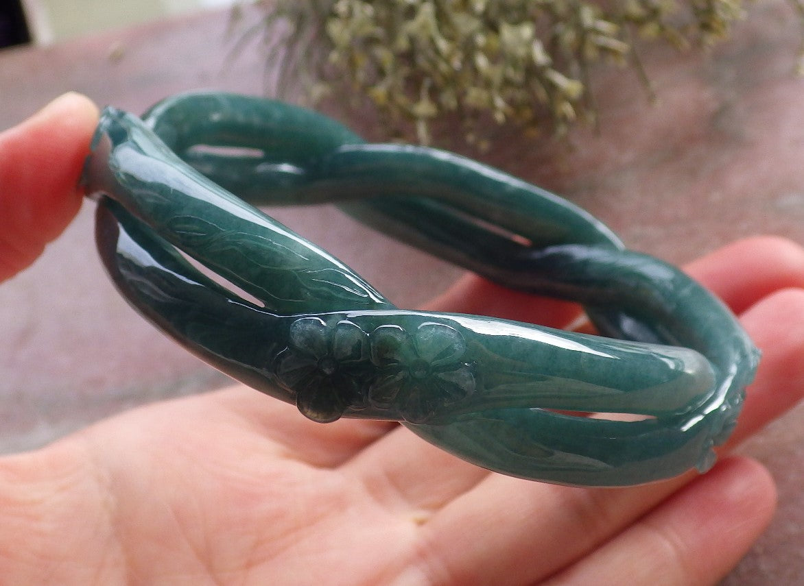 Certified Icy Green Burma 100% Natural A JADE Jadeite Flower Knotted Bangle Bracelet 64 mm 手镯 644616  TN
