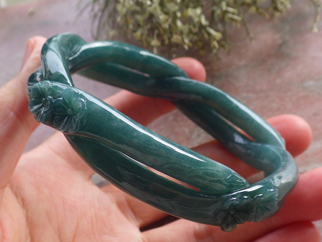 Certified Icy Green Burma 100% Natural A JADE Jadeite Flower Knotted Bangle Bracelet 64 mm 手镯 644616  TN