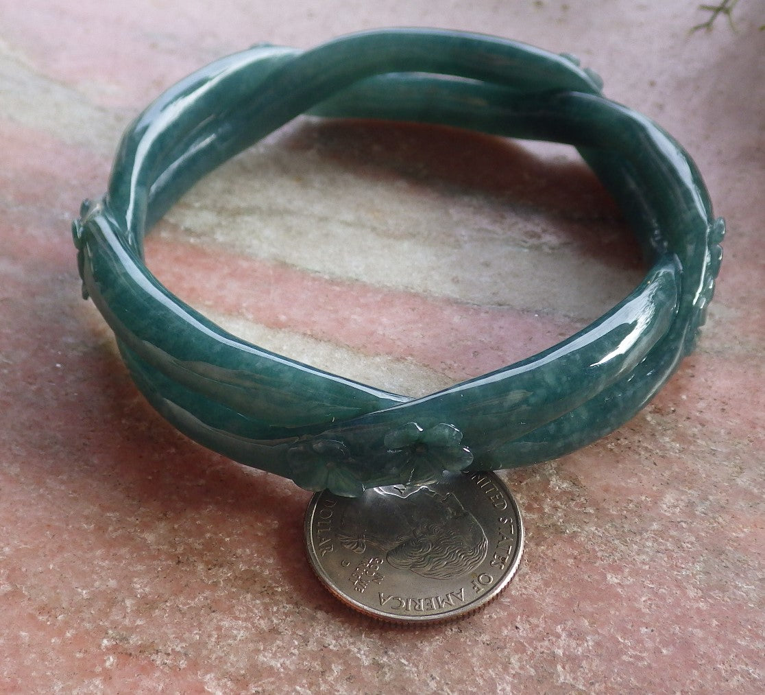 Certified Icy Green Burma 100% Natural A JADE Jadeite Flower Knotted Bangle Bracelet 64 mm 手镯 644616  TN