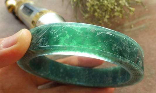 Certified Icy Green Burma 100% Natural A JADE Jadeite Dragon Phoenix Bangle Bracelet 65 mm 手镯 644628  TN
