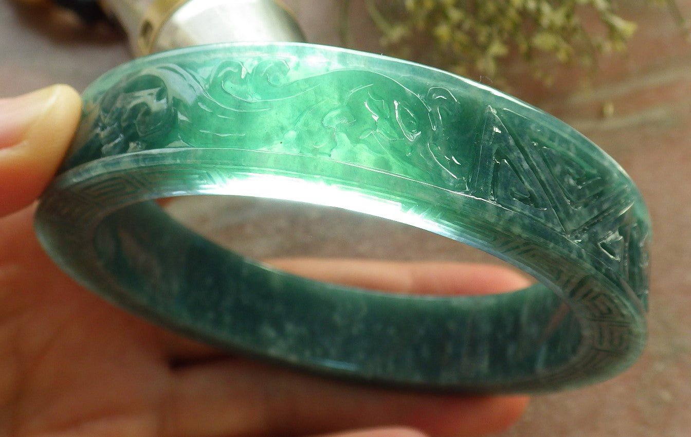 Certified Icy Green Burma 100% Natural A JADE Jadeite Dragon Phoenix Bangle Bracelet 65 mm 手镯 644628  TN