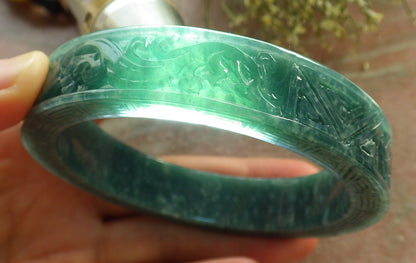 Certified Icy Green Burma 100% Natural A JADE Jadeite Dragon Phoenix Bangle Bracelet 65 mm 手镯 644628  TN