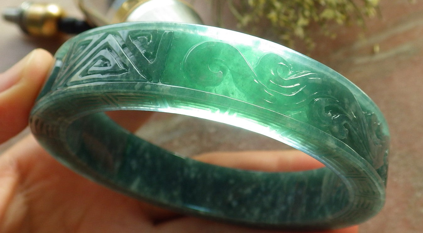 Certified Icy Green Burma 100% Natural A JADE Jadeite Dragon Phoenix Bangle Bracelet 65 mm 手镯 644628  TN