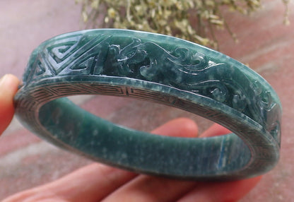 Certified Icy Green Burma 100% Natural A JADE Jadeite Dragon Phoenix Bangle Bracelet 65 mm 手镯 644628  TN