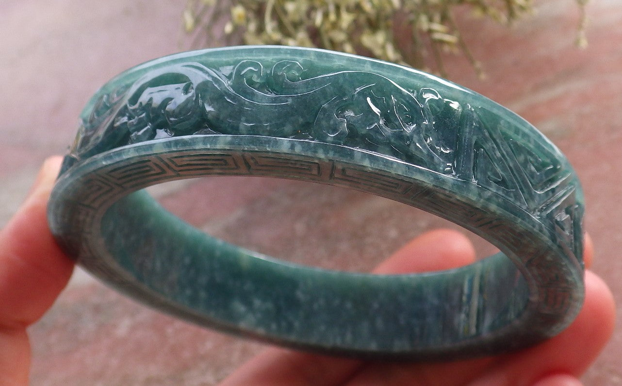 Certified Icy Green Burma 100% Natural A JADE Jadeite Dragon Phoenix Bangle Bracelet 65 mm 手镯 644628  TN