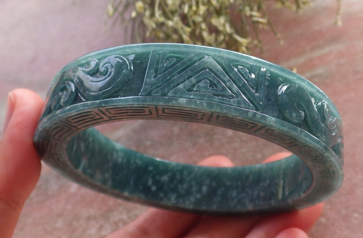 Certified Icy Green Burma 100% Natural A JADE Jadeite Dragon Phoenix Bangle Bracelet 65 mm 手镯 644628  TN