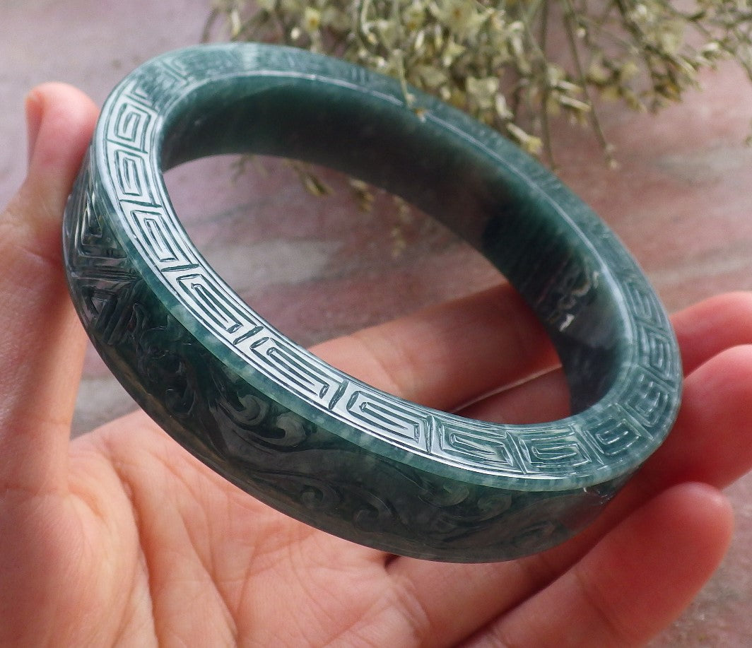 Certified Icy Green Burma 100% Natural A JADE Jadeite Dragon Phoenix Bangle Bracelet 65 mm 手镯 644628  TN