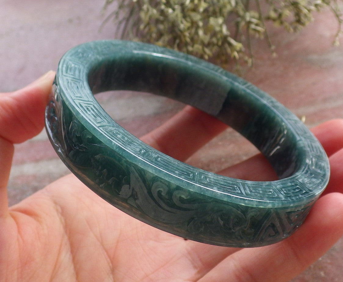 Certified Icy Green Burma 100% Natural A JADE Jadeite Dragon Phoenix Bangle Bracelet 65 mm 手镯 644628  TN