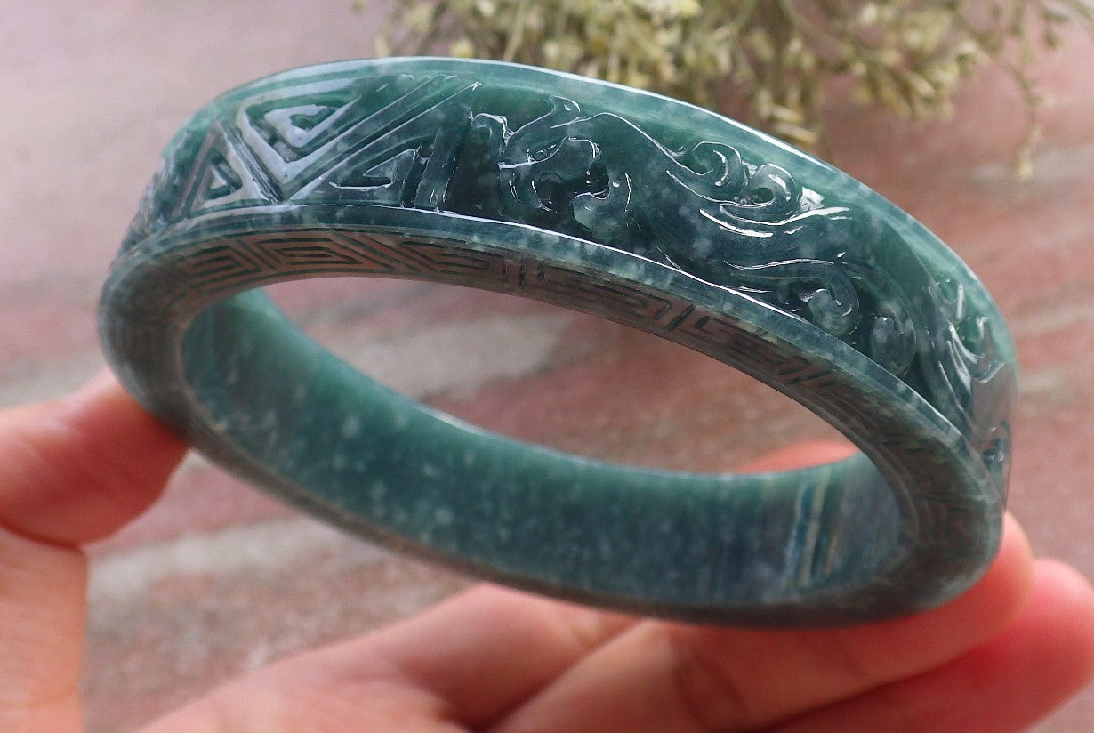 Certified Icy Green Burma 100% Natural A JADE Jadeite Dragon Phoenix Bangle Bracelet 65 mm 手镯 644628  TN