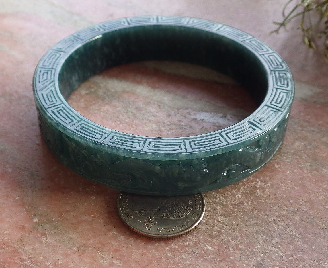 Certified Icy Green Burma 100% Natural A JADE Jadeite Dragon Phoenix Bangle Bracelet 65 mm 手镯 644628  TN