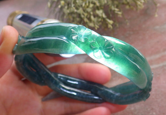 Certified Icy Green Burma 100% Natural A JADE Jadeite Flower Knotted Bangle Bracelet 62 mm 手镯 644678  TN
