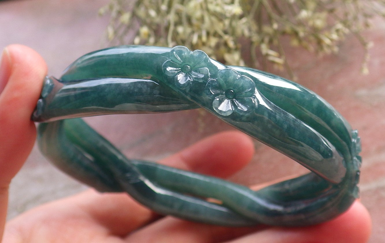 Certified Icy Green Burma 100% Natural A JADE Jadeite Flower Knotted Bangle Bracelet 62 mm 手镯 644678  TN