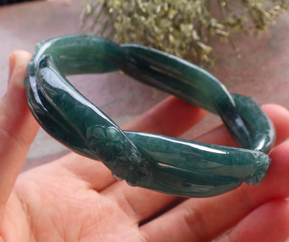 Certified Icy Green Burma 100% Natural A JADE Jadeite Flower Knotted Bangle Bracelet 62 mm 手镯 644678  TN