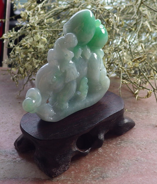 Certified Green Burma 100% Natural A Jade jadeite Display Elephant Monkey Ruyi Peach Necklace 封侯拜相 644700  TN