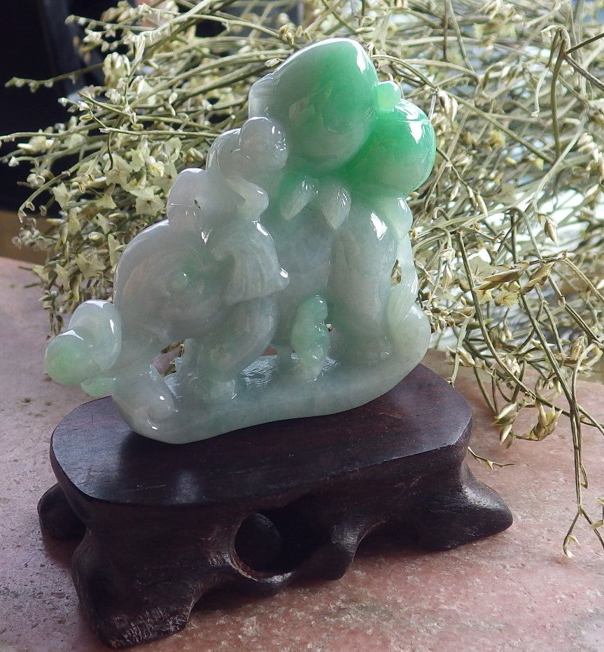 Certified Green Burma 100% Natural A Jade jadeite Display Elephant Monkey Ruyi Peach Necklace 封侯拜相 644700  TN