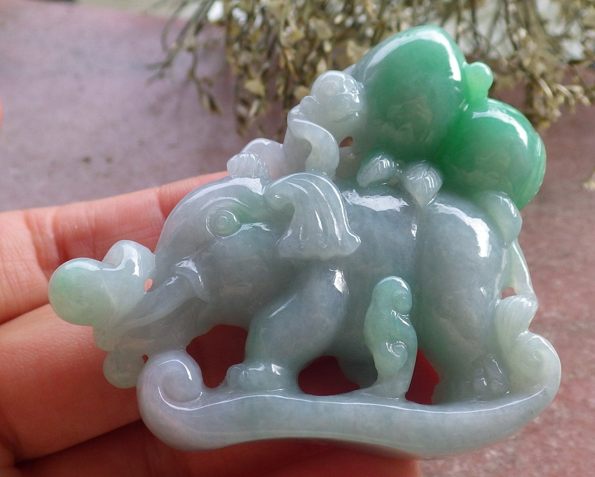 Certified Green Burma 100% Natural A Jade jadeite Display Elephant Monkey Ruyi Peach Necklace 封侯拜相 644700  TN