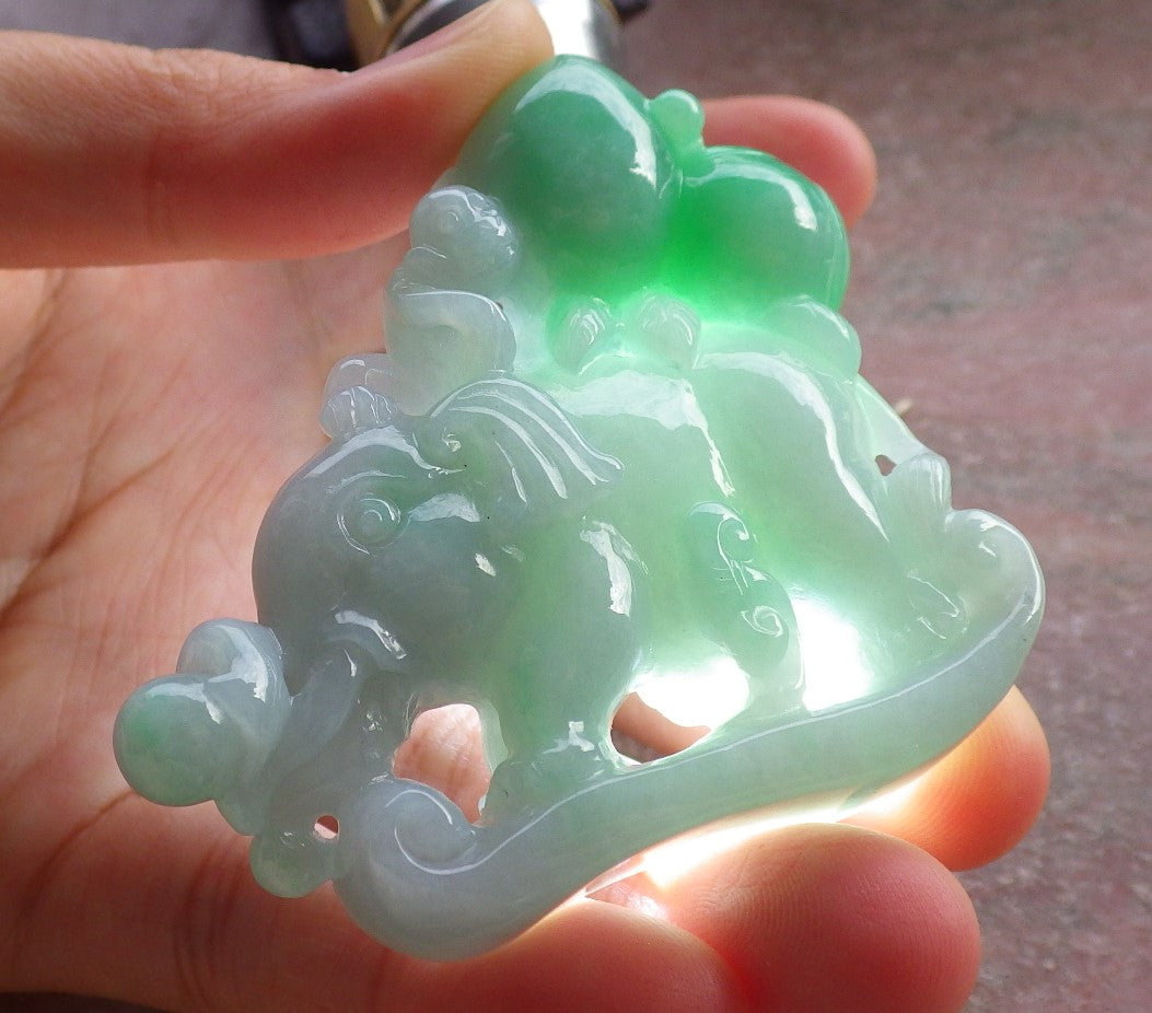 Certified Green Burma 100% Natural A Jade jadeite Display Elephant Monkey Ruyi Peach Necklace 封侯拜相 644700  TN