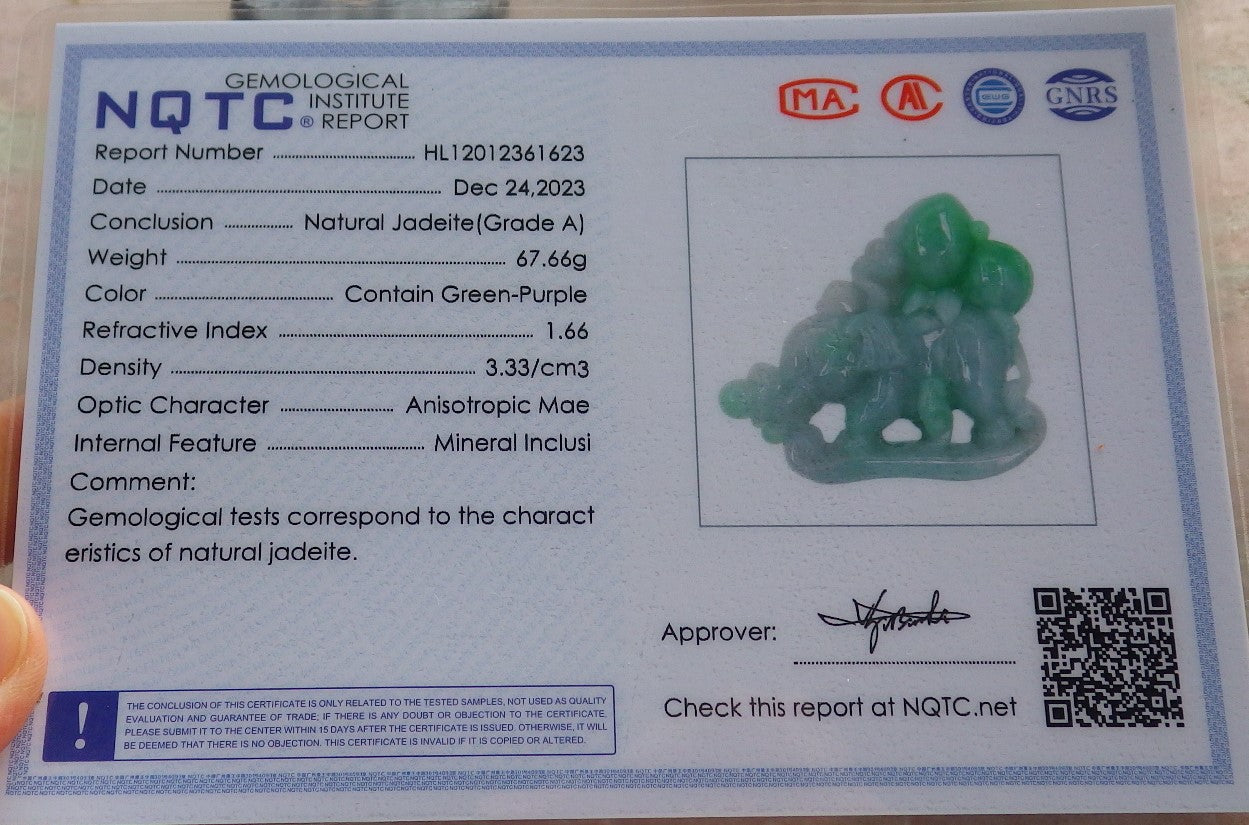 Certified Green Burma 100% Natural A Jade jadeite Display Elephant Monkey Ruyi Peach Necklace 封侯拜相 644700  TN