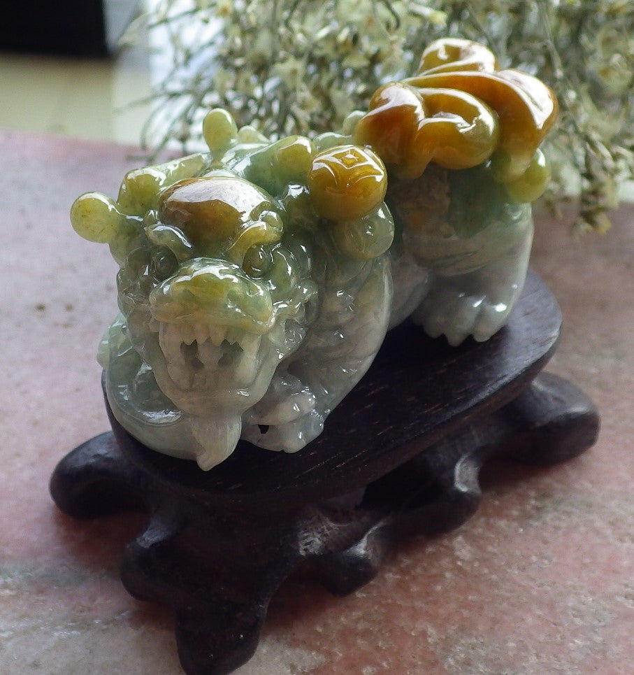 Certified Yellow Green Burma 100% Natural A Jade jadeite Display Dragon Pi Xiu Money Coin 风水貔貅 644711  TN