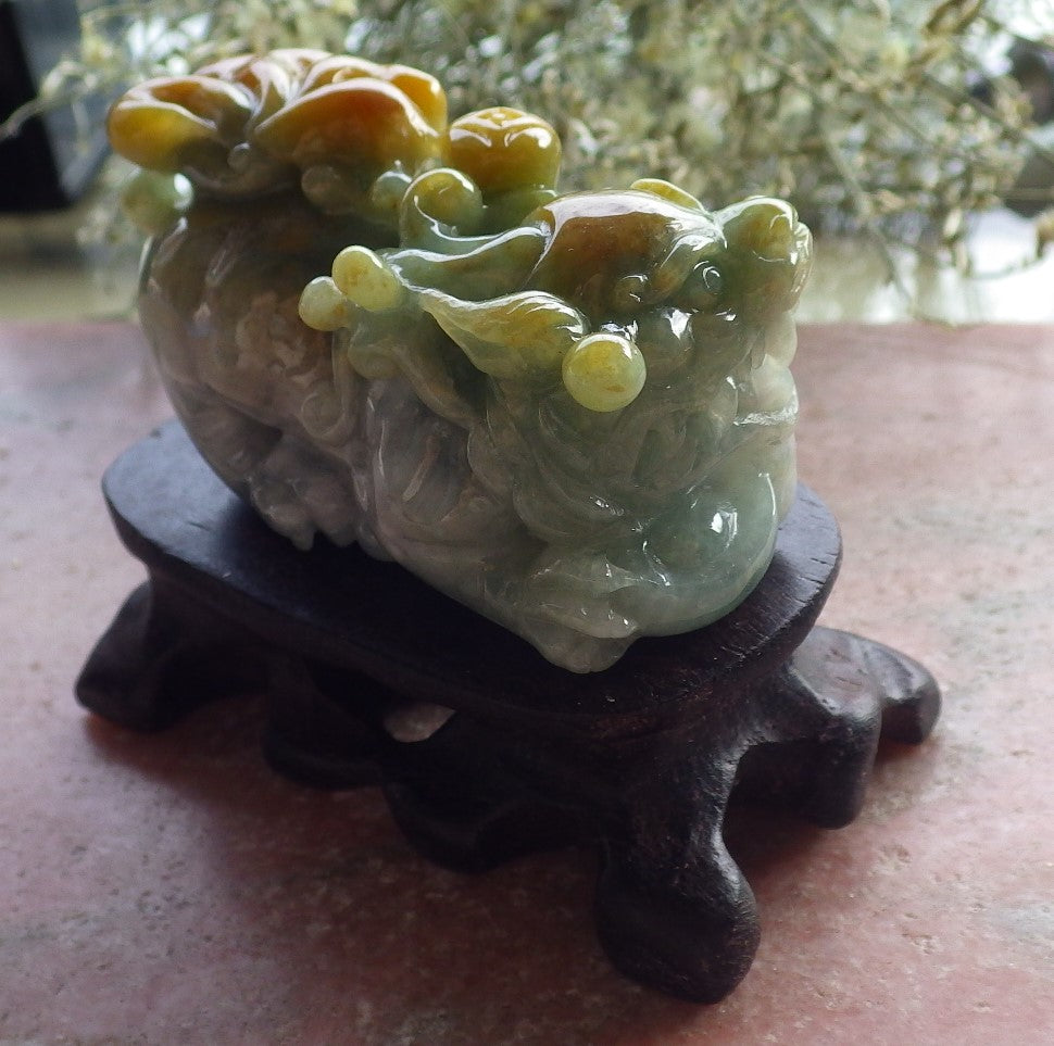 Certified Yellow Green Burma 100% Natural A Jade jadeite Display Dragon Pi Xiu Money Coin 风水貔貅 644711  TN