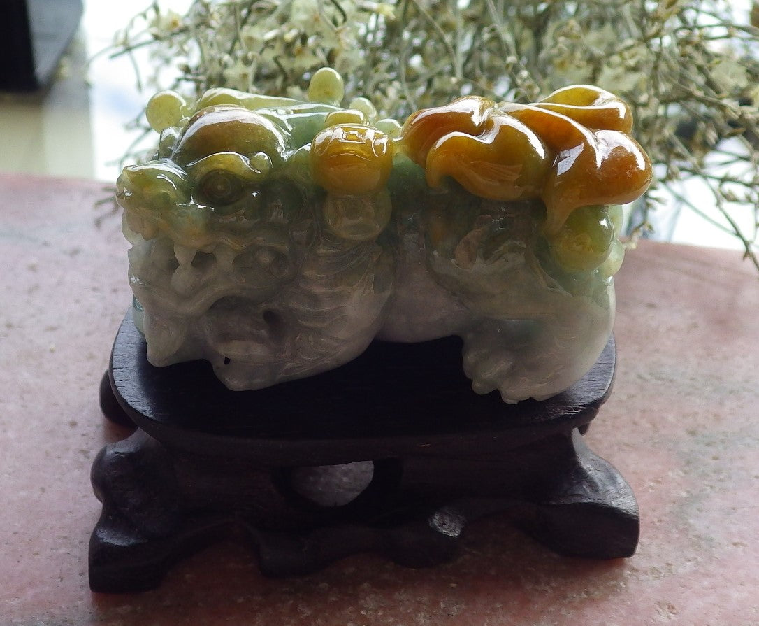 Certified Yellow Green Burma 100% Natural A Jade jadeite Display Dragon Pi Xiu Money Coin 风水貔貅 644711  TN