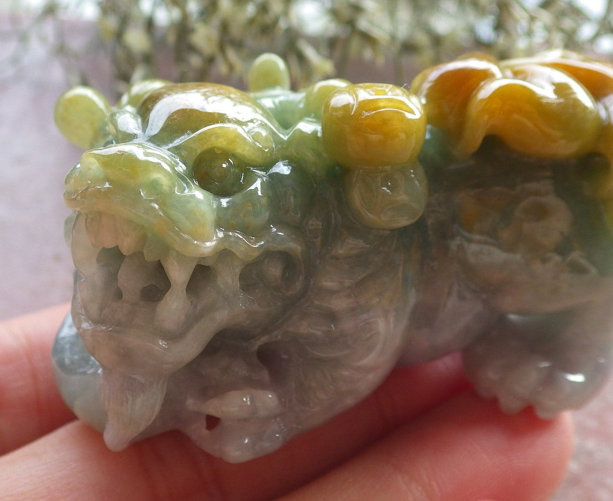 Certified Yellow Green Burma 100% Natural A Jade jadeite Display Dragon Pi Xiu Money Coin 风水貔貅 644711  TN