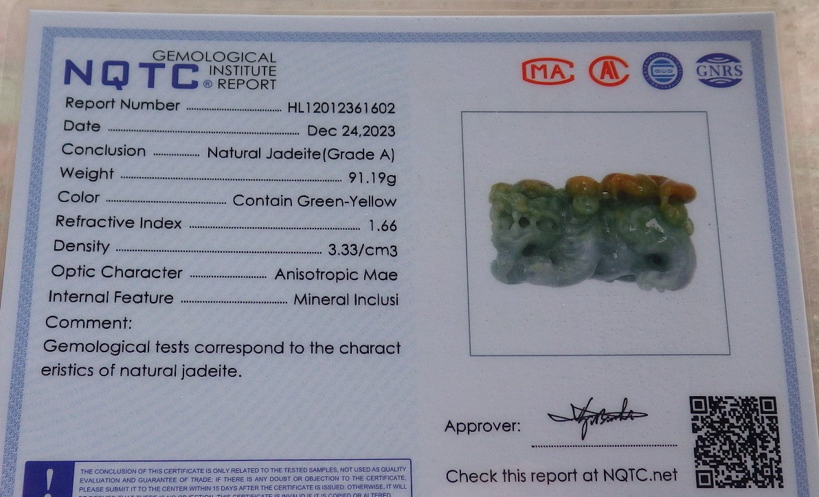 Certified Yellow Green Burma 100% Natural A Jade jadeite Display Dragon Pi Xiu Money Coin 风水貔貅 644711  TN